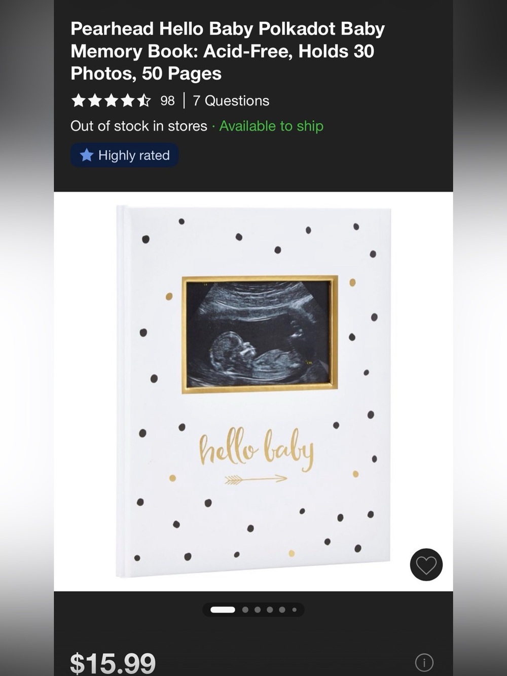 Pearhead White & Gold Polka Dot Baby Memory Book